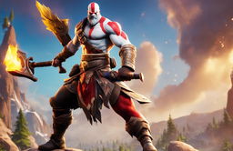 32k HD Fortnite-style wallpaper featuring Kratos from God of War in a dynamic and vibrant setting.