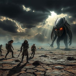 A dystopian wasteland landscape depicting a barren Earth, ravaged by climate disasters, with cracked ground and sparse vegetation