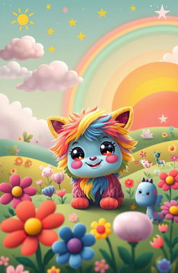 A whimsical scene featuring a colorful imaginary friend, inspired by children's fantasy, with vibrant colors and playful patterns