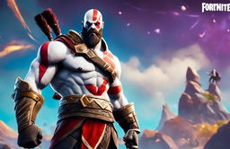 32k HD Fortnite-style wallpaper featuring Kratos from God of War in a dynamic and vibrant setting.