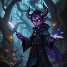 A purple young tiefling wizard with vibrant purple skin, large curved horns, and glowing yellow eyes, wearing a flowing dark robe adorned with arcane symbols