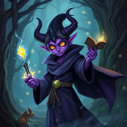 A purple young tiefling wizard with vibrant purple skin, large curved horns, and glowing yellow eyes, wearing a flowing dark robe adorned with arcane symbols