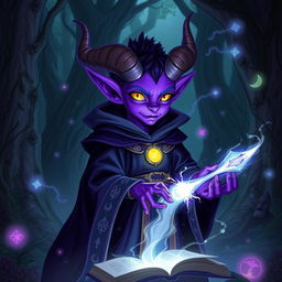 A purple young tiefling wizard with vibrant purple skin, large curved horns, and glowing yellow eyes, wearing a flowing dark robe adorned with arcane symbols