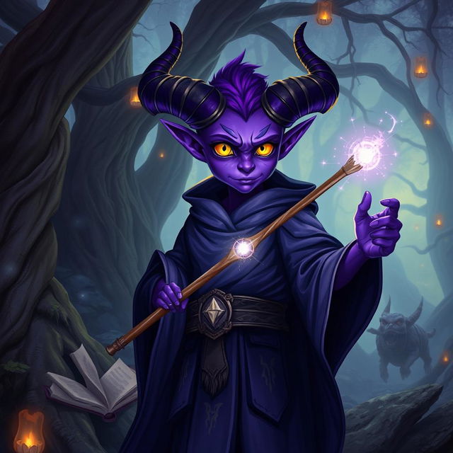 A purple young tiefling wizard with vibrant purple skin, large curved horns, and glowing yellow eyes, wearing a flowing dark robe adorned with arcane symbols