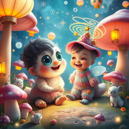A whimsical scene featuring an imaginary friend, a fantastical creature with large, shimmering eyes and fluffy, pastel-colored fur