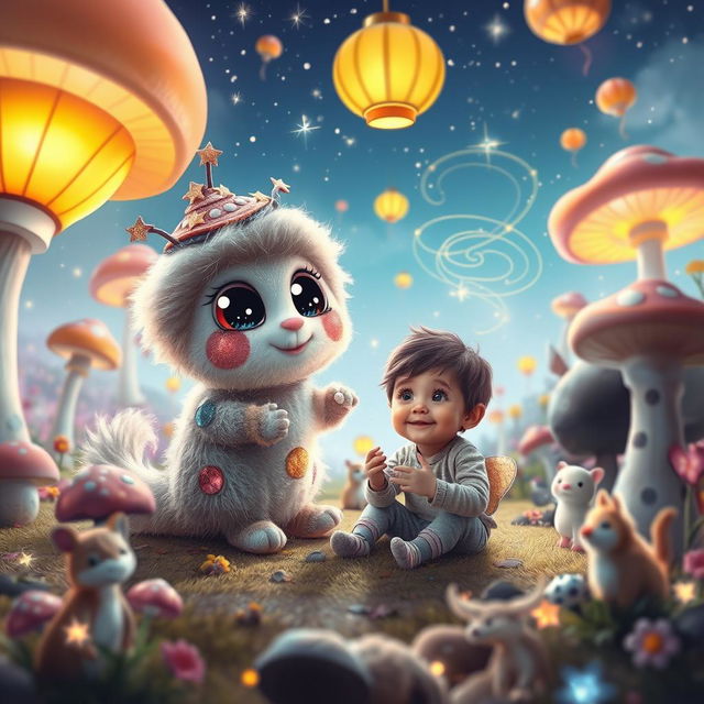 A whimsical scene featuring an imaginary friend, a fantastical creature with large, shimmering eyes and fluffy, pastel-colored fur