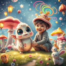 A whimsical scene featuring an imaginary friend, a fantastical creature with large, shimmering eyes and fluffy, pastel-colored fur
