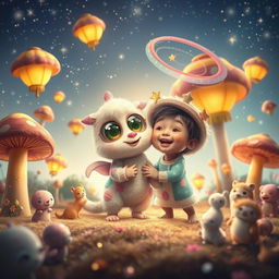 A whimsical scene featuring an imaginary friend, a fantastical creature with large, shimmering eyes and fluffy, pastel-colored fur