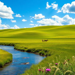 A serene landscape featuring a vast expanse of green rolling hills under a bright blue sky filled with fluffy white clouds