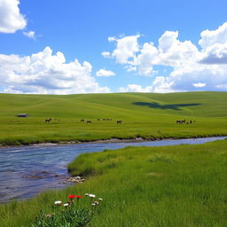A serene landscape featuring a vast expanse of green rolling hills under a bright blue sky filled with fluffy white clouds