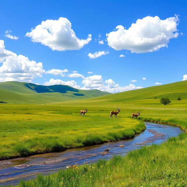 A serene landscape featuring a vast expanse of green rolling hills under a bright blue sky filled with fluffy white clouds