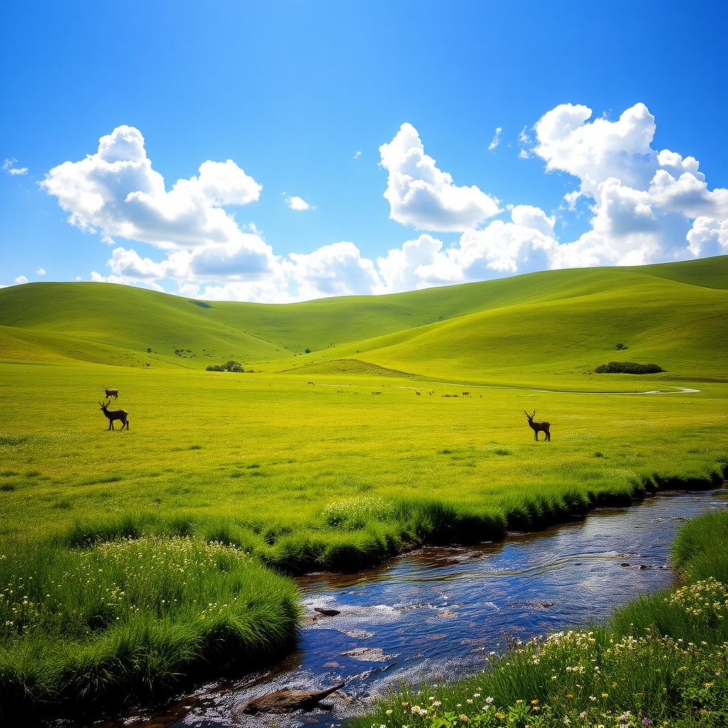 A serene landscape featuring a vast expanse of green rolling hills under a bright blue sky filled with fluffy white clouds