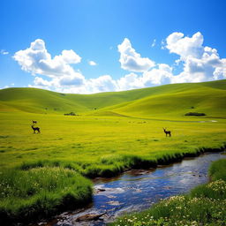 A serene landscape featuring a vast expanse of green rolling hills under a bright blue sky filled with fluffy white clouds