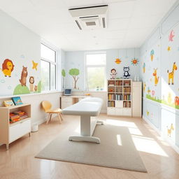A spacious pediatric consultation room designed for infants, measuring approximately 4 meters by 3 meters