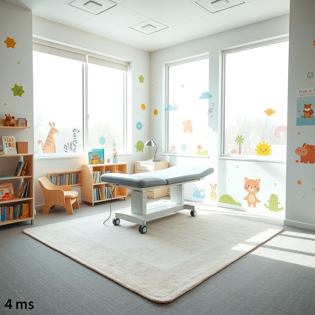 A spacious pediatric consultation room designed for infants, measuring approximately 4 meters by 3 meters