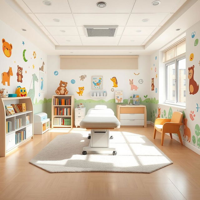 A spacious pediatric consultation room designed for infants, measuring approximately 4 meters by 3 meters