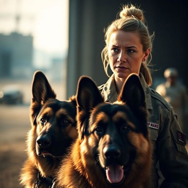 A dramatic and emotional scene from the movie 'Megan Leavey' (2017), featuring a female Marine in military uniform with a determined expression, standing alongside a loyal German Shepherd dog