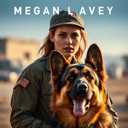 A dramatic and emotional scene from the movie 'Megan Leavey' (2017), featuring a female Marine in military uniform with a determined expression, standing alongside a loyal German Shepherd dog