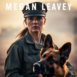 A dramatic and emotional scene from the movie 'Megan Leavey' (2017), featuring a female Marine in military uniform with a determined expression, standing alongside a loyal German Shepherd dog