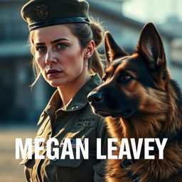 A dramatic and emotional scene from the movie 'Megan Leavey' (2017), featuring a female Marine in military uniform with a determined expression, standing alongside a loyal German Shepherd dog