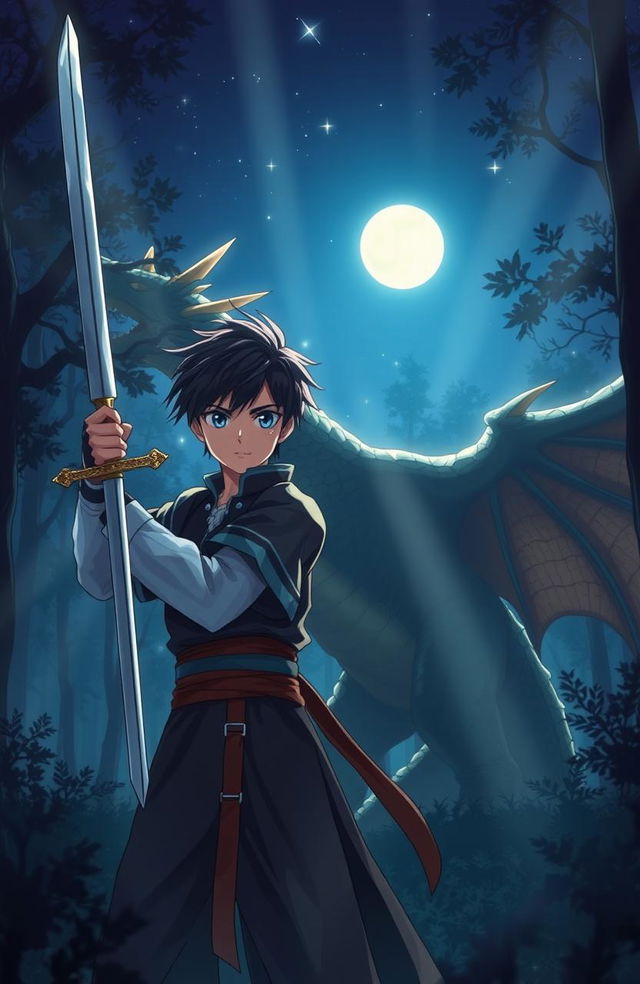 An anime-style fantasy book cover featuring a young anime prince in a deep blue night forest under a starry sky