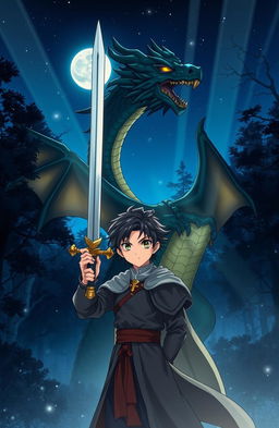 An anime-style fantasy book cover featuring a young anime prince in a deep blue night forest under a starry sky