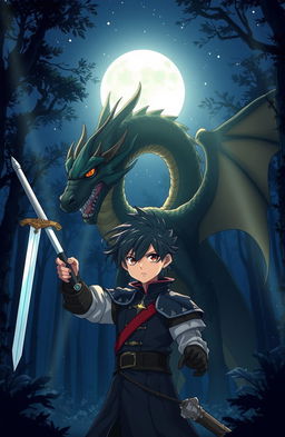 An anime-style fantasy book cover featuring a young anime prince in a deep blue night forest under a starry sky