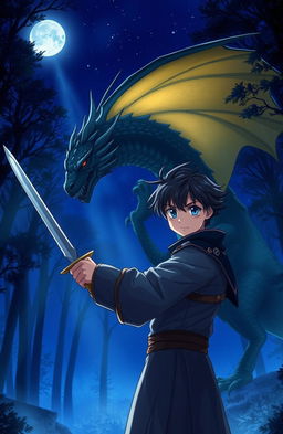 An anime-style fantasy book cover featuring a young anime prince in a deep blue night forest under a starry sky