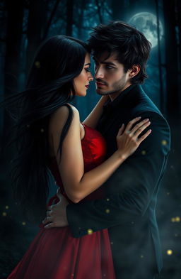 A captivating dark romance scene set in a moonlit forest, featuring two lovers in an intense embrace