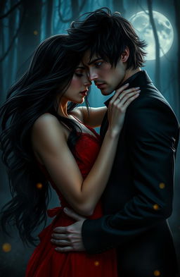 A captivating dark romance scene set in a moonlit forest, featuring two lovers in an intense embrace