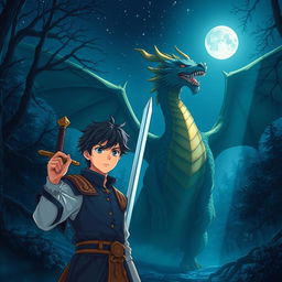 An anime-style fantasy book cover featuring a young anime prince in a mystical, deep blue night forest under a starry sky