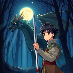 An anime-style fantasy book cover featuring a young anime prince in a mystical, deep blue night forest under a starry sky