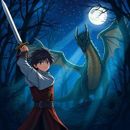 An anime-style fantasy book cover featuring a young anime prince in a mystical, deep blue night forest under a starry sky