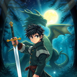 An anime-style fantasy book cover featuring a young anime prince in a mystical, deep blue night forest under a starry sky