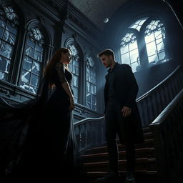 An enchanting dark romance scene, set in an abandoned gothic mansion under a starry night sky