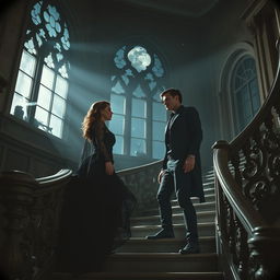 An enchanting dark romance scene, set in an abandoned gothic mansion under a starry night sky