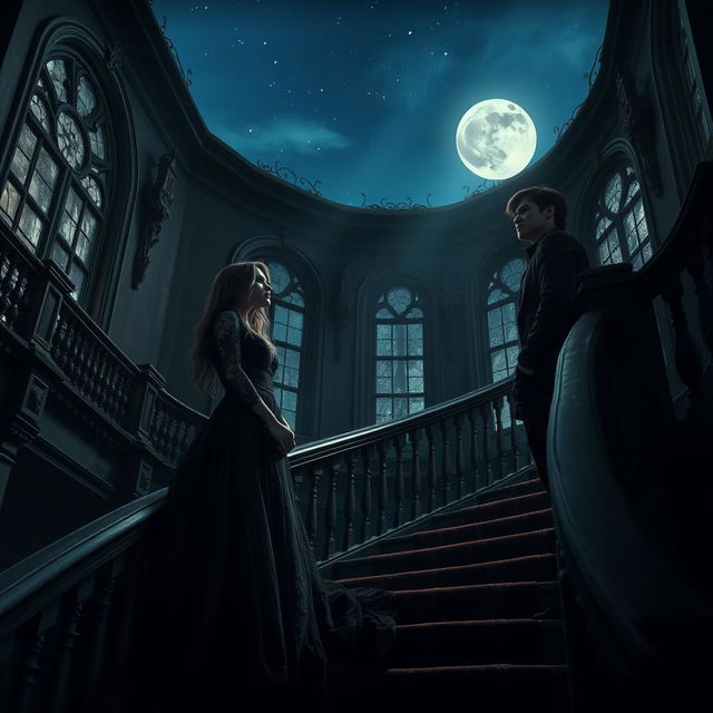 An enchanting dark romance scene, set in an abandoned gothic mansion under a starry night sky