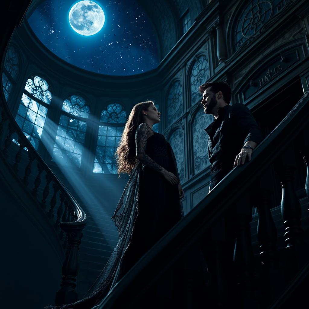 An enchanting dark romance scene, set in an abandoned gothic mansion under a starry night sky