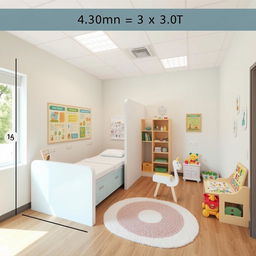 A pediatric consultation room measuring 4 meters by 3 meters, featuring two distinct areas for patient care separated by a playful partition
