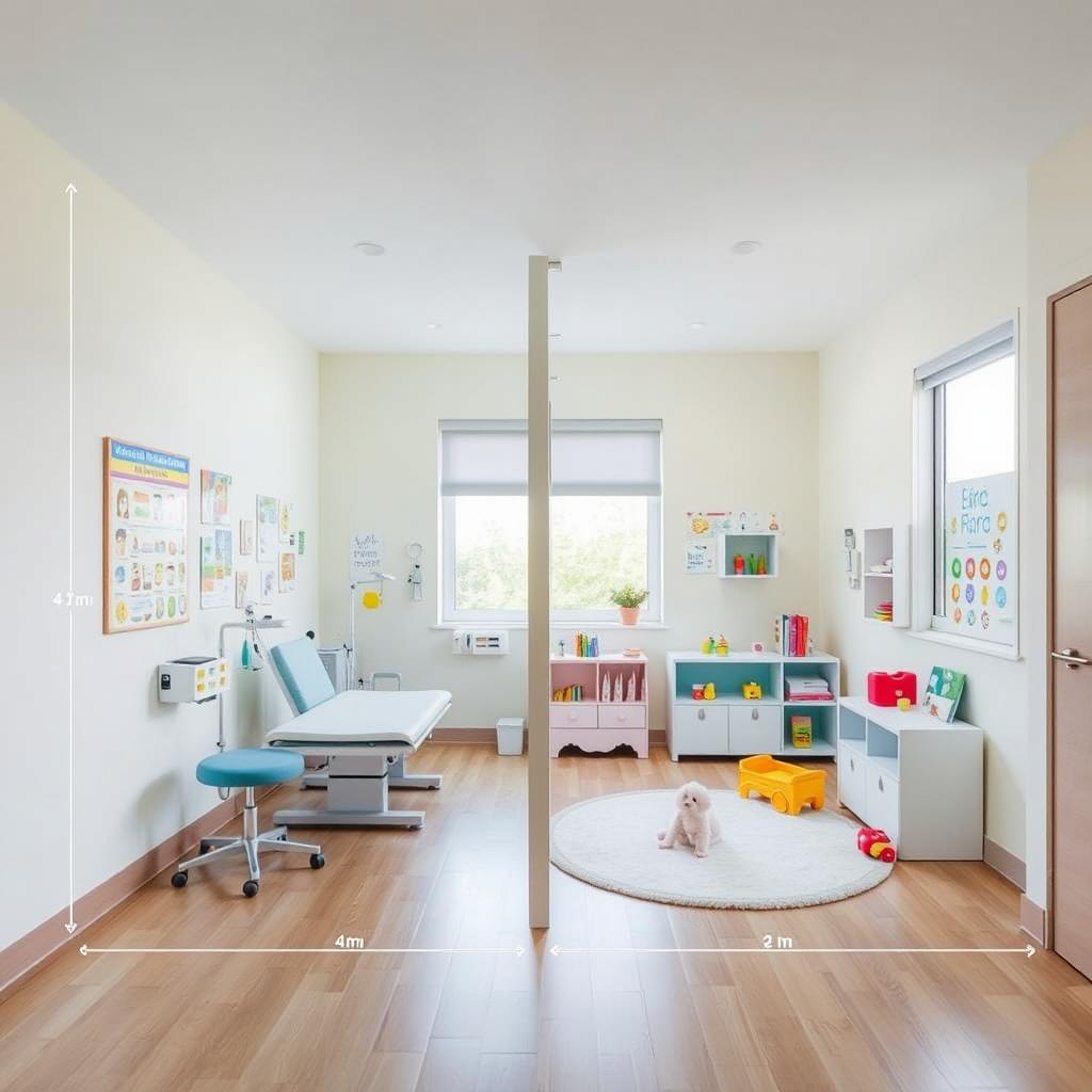 A pediatric consultation room measuring 4 meters by 3 meters, featuring two distinct areas for patient care separated by a playful partition