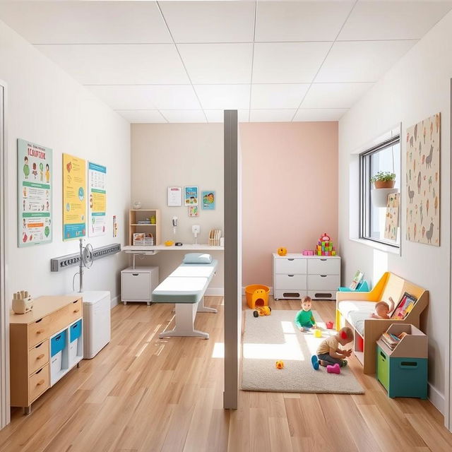 A pediatric consultation room measuring 4 meters by 3 meters, featuring two distinct areas for patient care separated by a playful partition