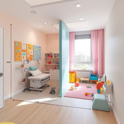 A pediatric consultation room measuring 4 meters by 3 meters, featuring two distinct areas for patient care separated by a playful partition