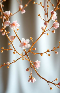 A beautiful artistic representation of delicate rose and gold branches intertwined, showcasing intricate details of the petals and leaves