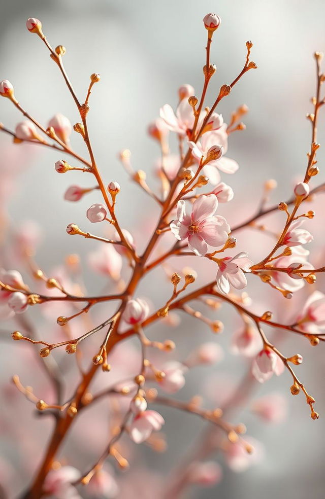 A beautiful artistic representation of delicate rose and gold branches intertwined, showcasing intricate details of the petals and leaves