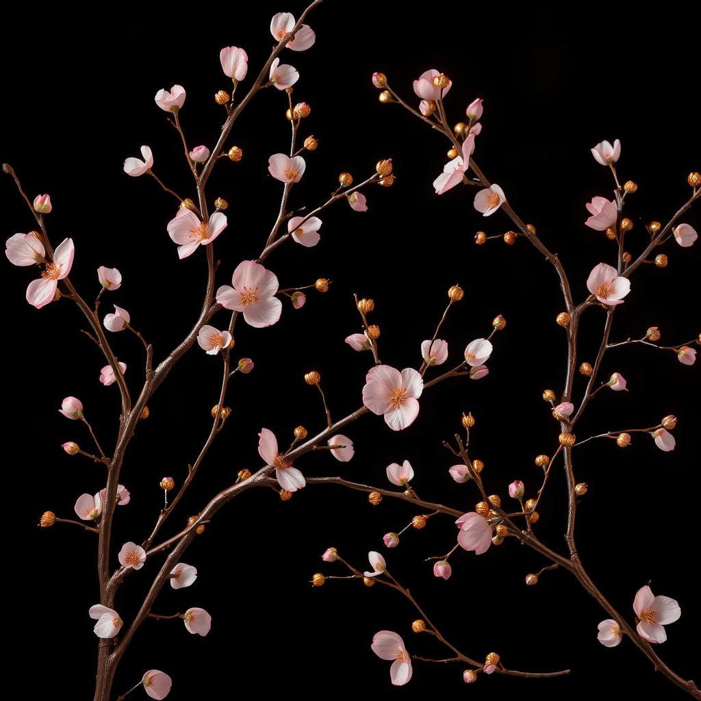 A stunning artistic representation of delicate rose and gold branches against a deep, dark background