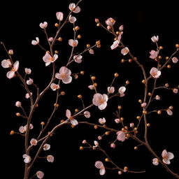 A stunning artistic representation of delicate rose and gold branches against a deep, dark background