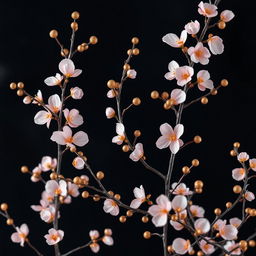 A stunning artistic representation of delicate rose and gold branches against a deep, dark background
