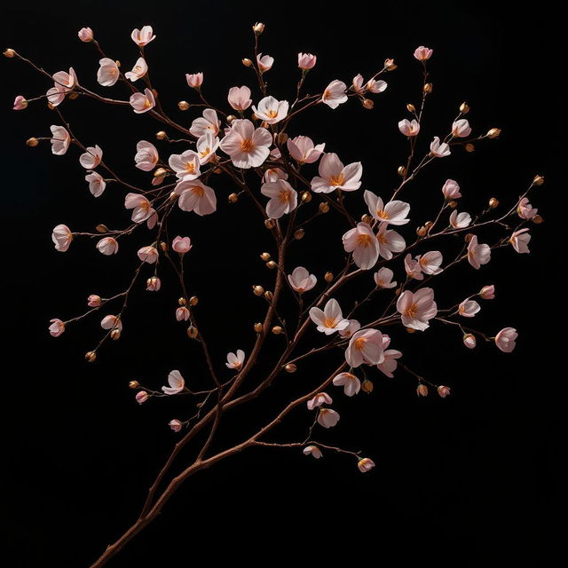 A stunning artistic representation of delicate rose and gold branches against a deep, dark background