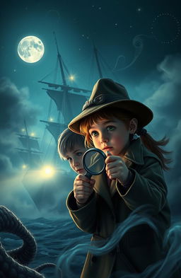 A captivating scene depicting a young detective duo, a boy and a girl, investigating the mystery of a ghost ship