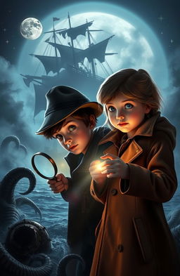 A captivating scene depicting a young detective duo, a boy and a girl, investigating the mystery of a ghost ship